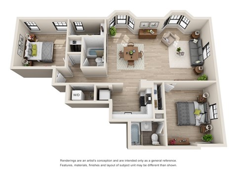 A 3D floor plan of a house with a kitchen, living room, dining room, and bedrooms.